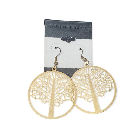 Hypo Allergenic Gold Tone Tree of Life Design Earrings For Pierced Ears - Picture 1 of 4